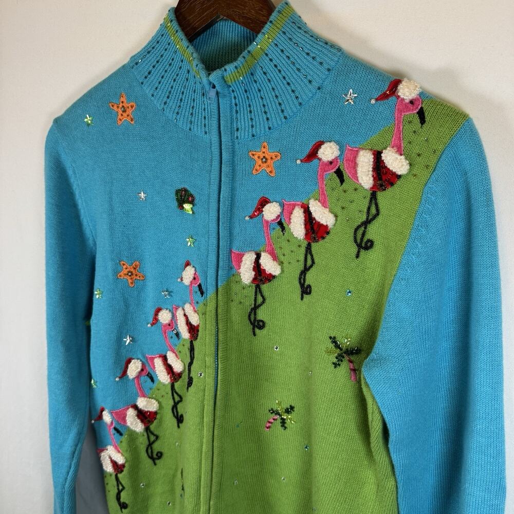 Berek Women’s M Beaded Christmas Cardigan Blue Flamingo Palm Tree Tropical Beach